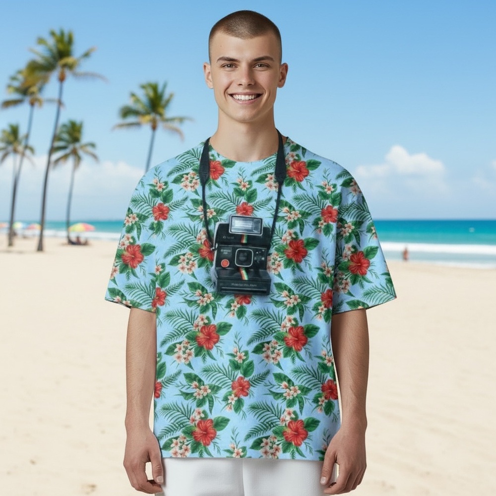 Polaroid // Hawaiian Flower & Camera Print Tshirt // Tropical